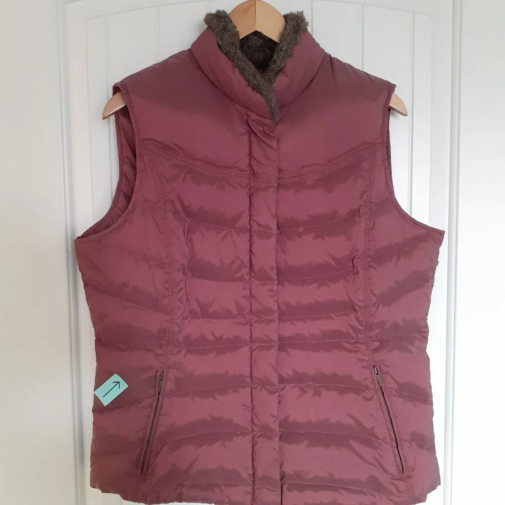 Eddie Bauer Goose Down Full Zip & Snap Vest with Faux Fur Collar Red Size L